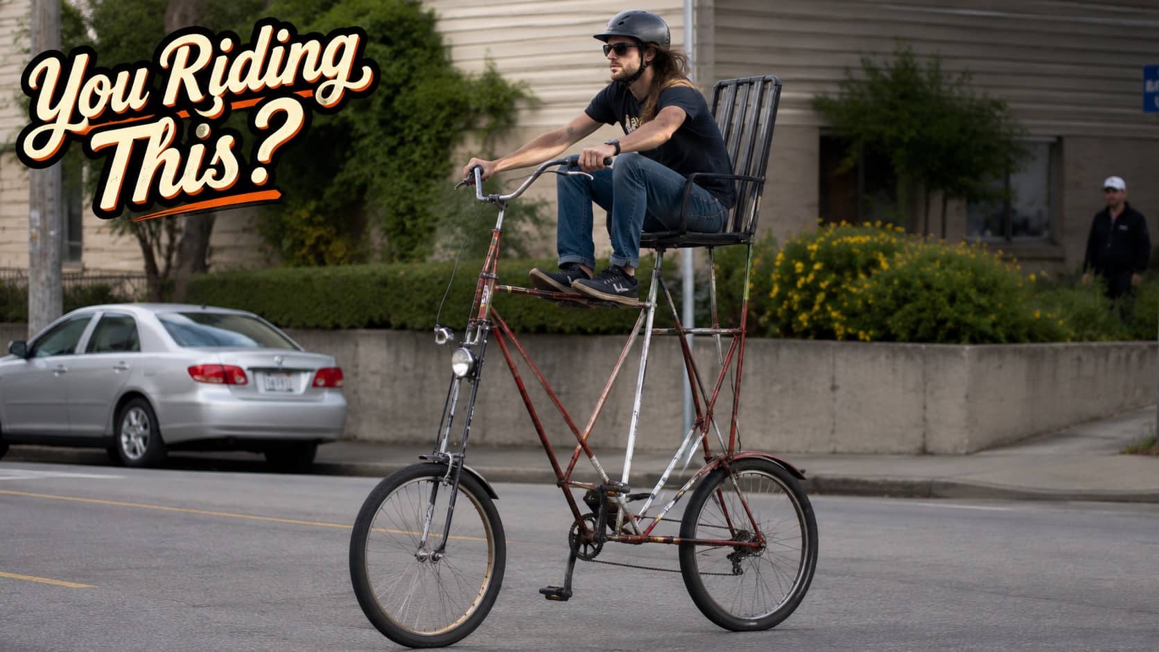 Man riding a uniquely tall customized bicycle on a city street with text overlay.