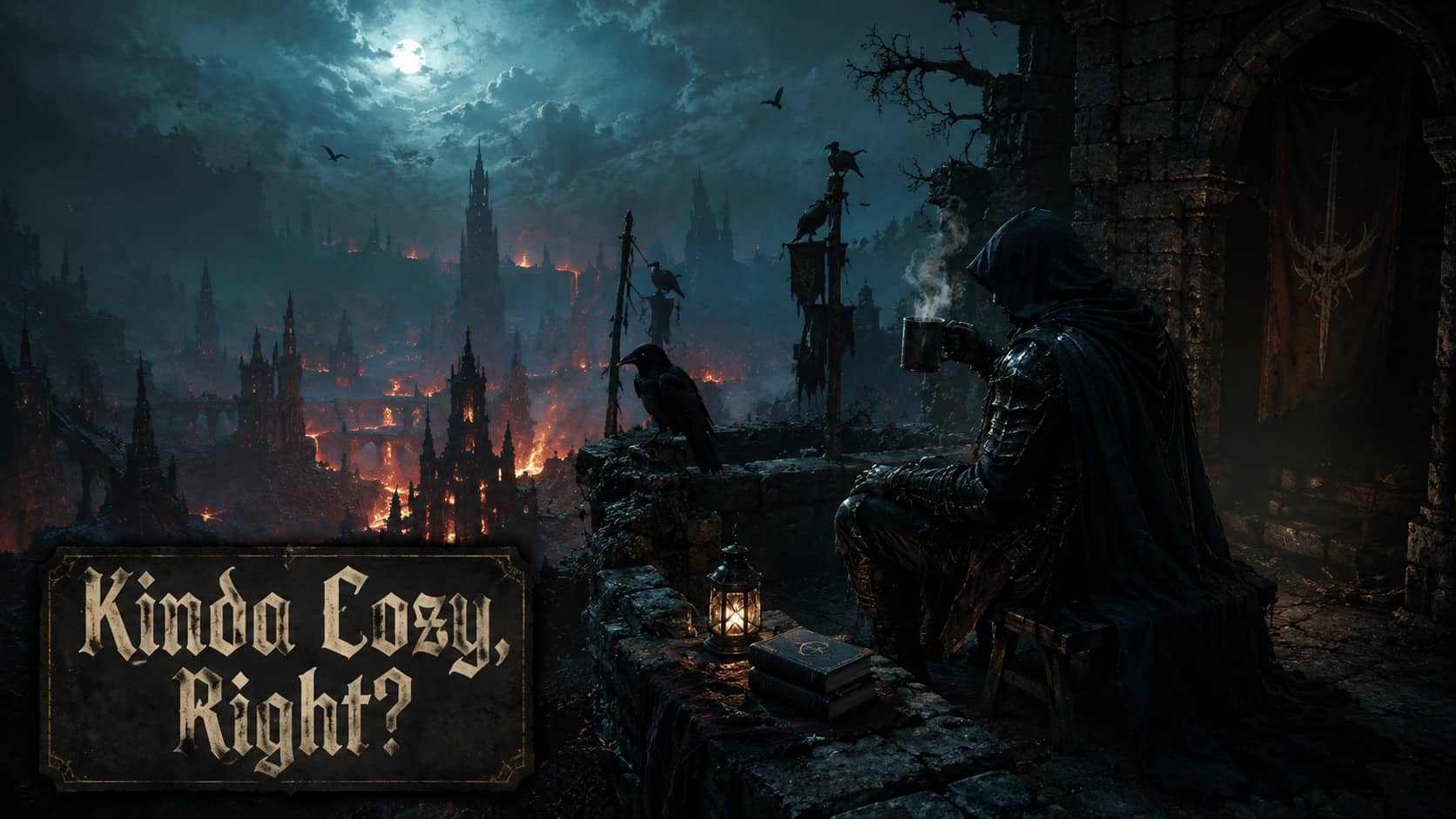Hooded fantasy figure drinking from a mug overlooking a dark, fiery gothic city skyline.