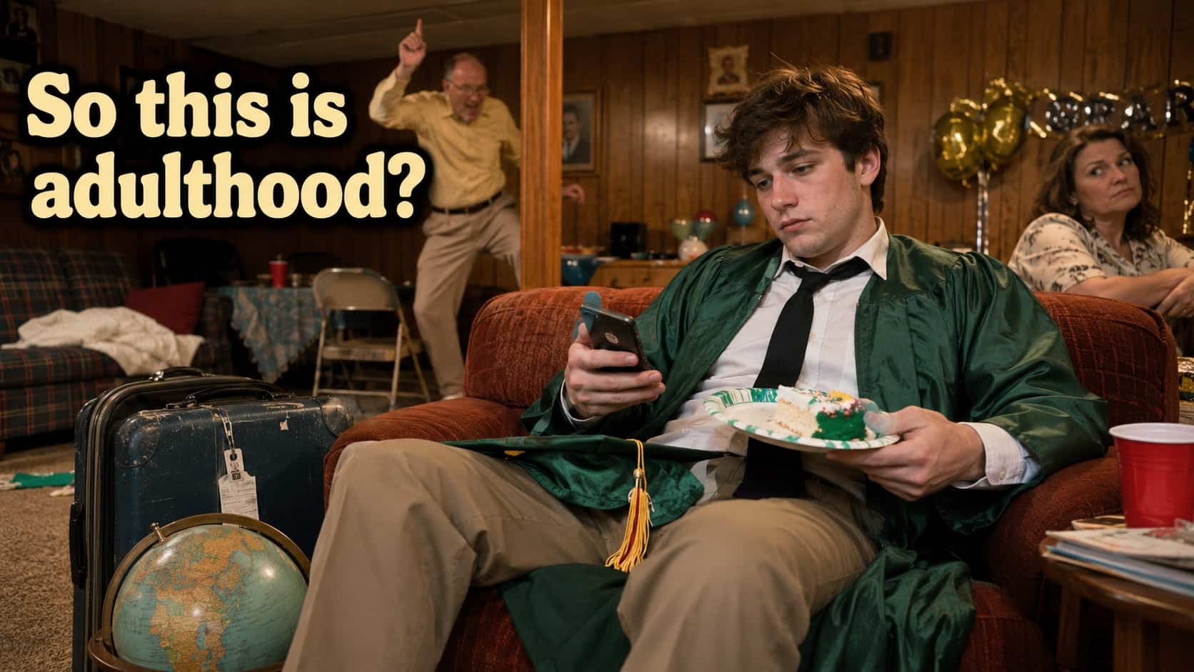 Tired graduate looking at phone while chaotic family acts out growing up memes.