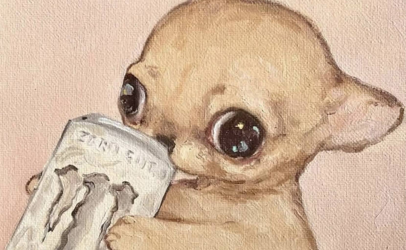 Painted chihuahua with wide, glassy eyes holding and drinking a white Monster Energy Zero Ultra can.