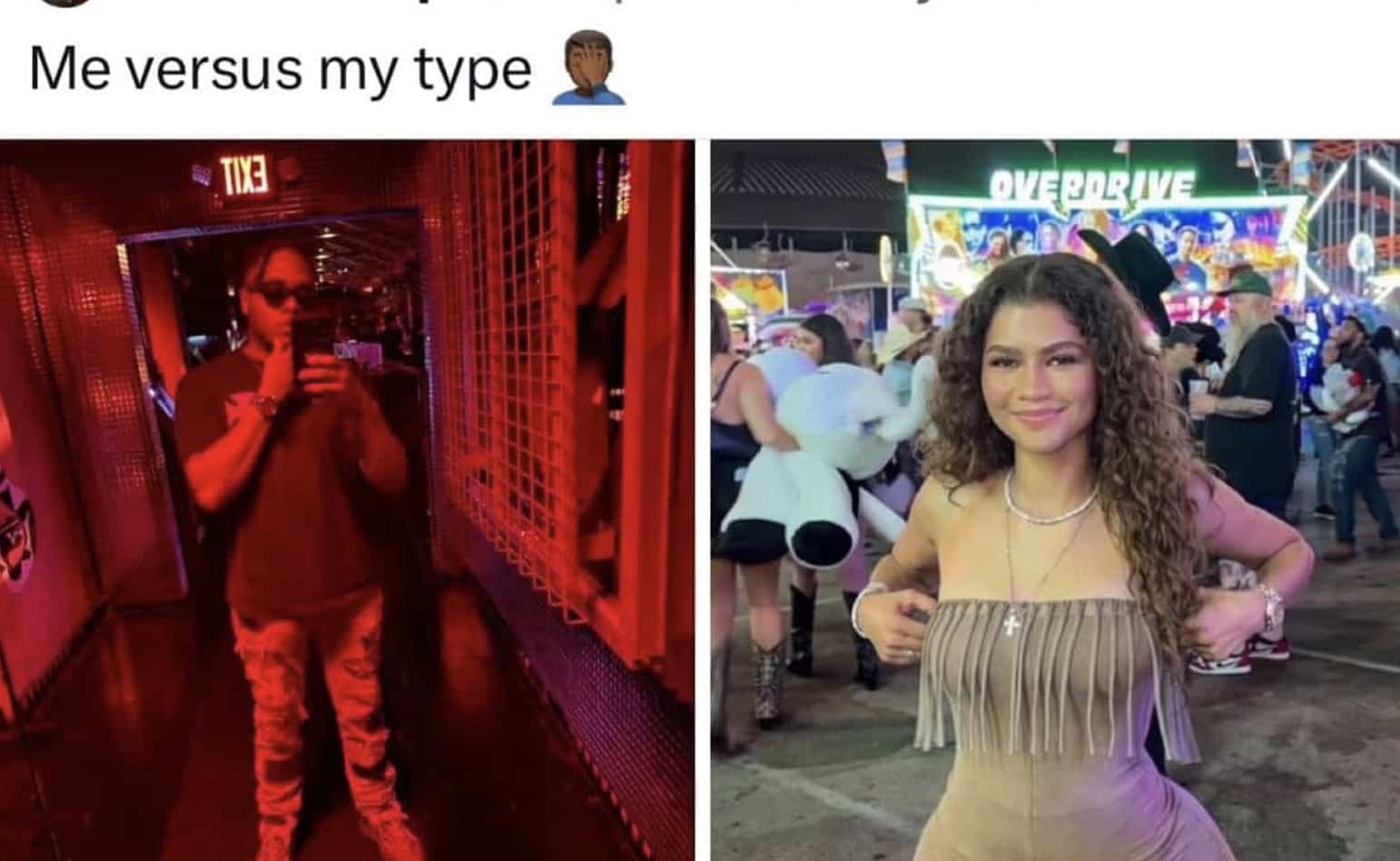 Side by side comparison of man in dark room and Zendaya at carnival theme.