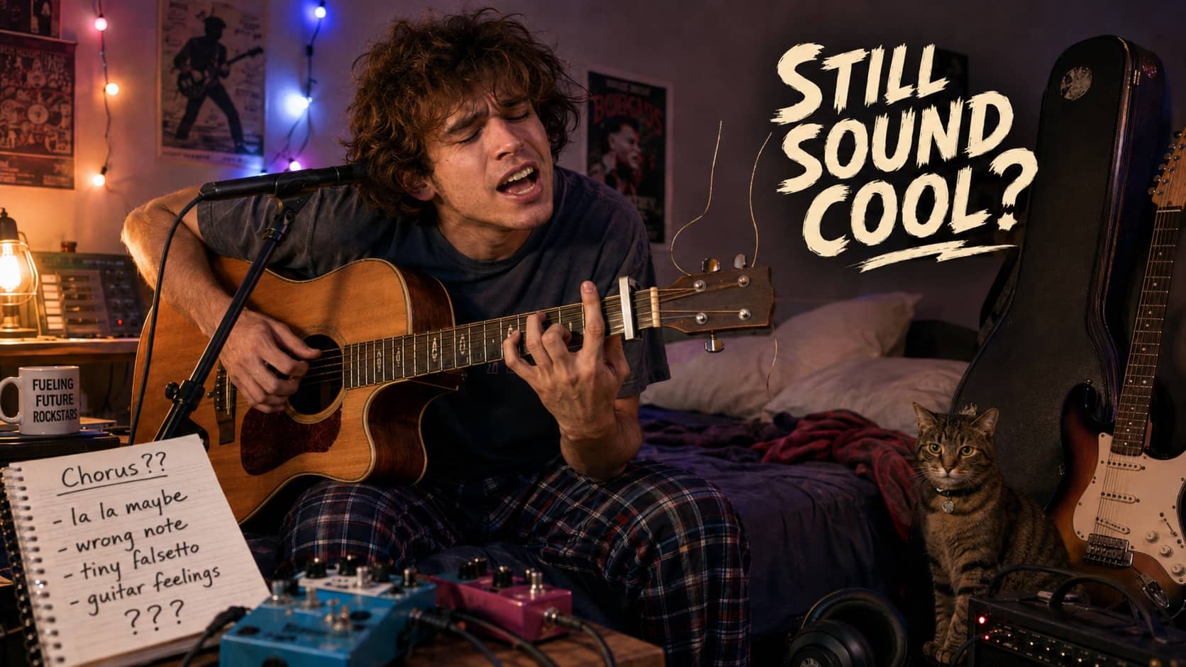 Relatable music meme showing a messy bedroom guitarist trying to write a chaotic song chorus.