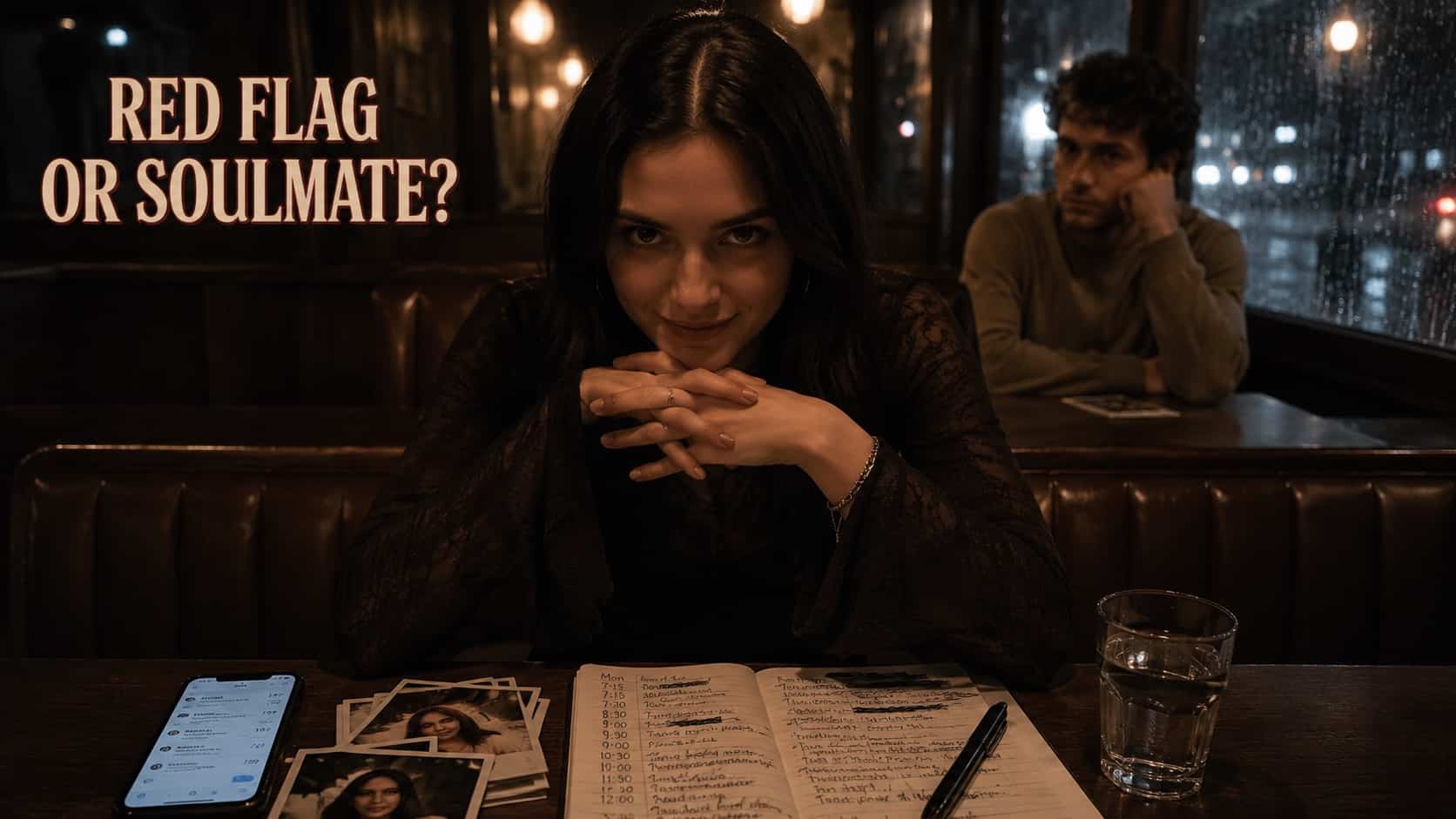 Woman resting chin on hands over detailed stalker notebook in dark restaurant for obsession memes.