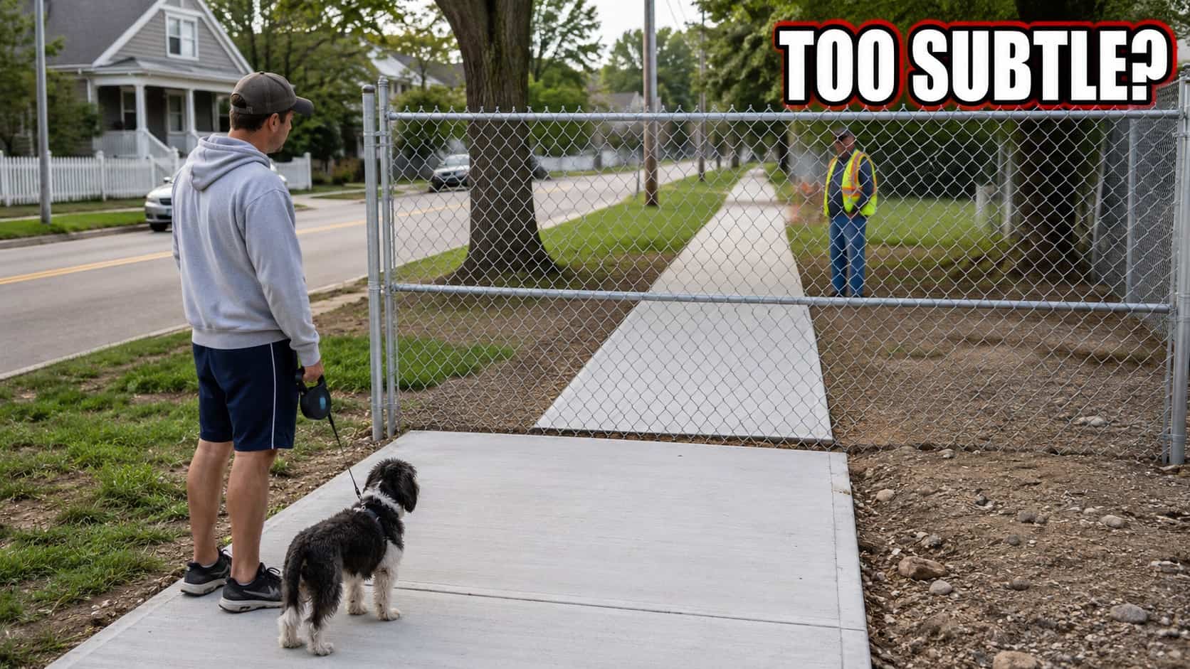 Man walking dog encounters a chain link fence blocking the middle of a sidewalk.
