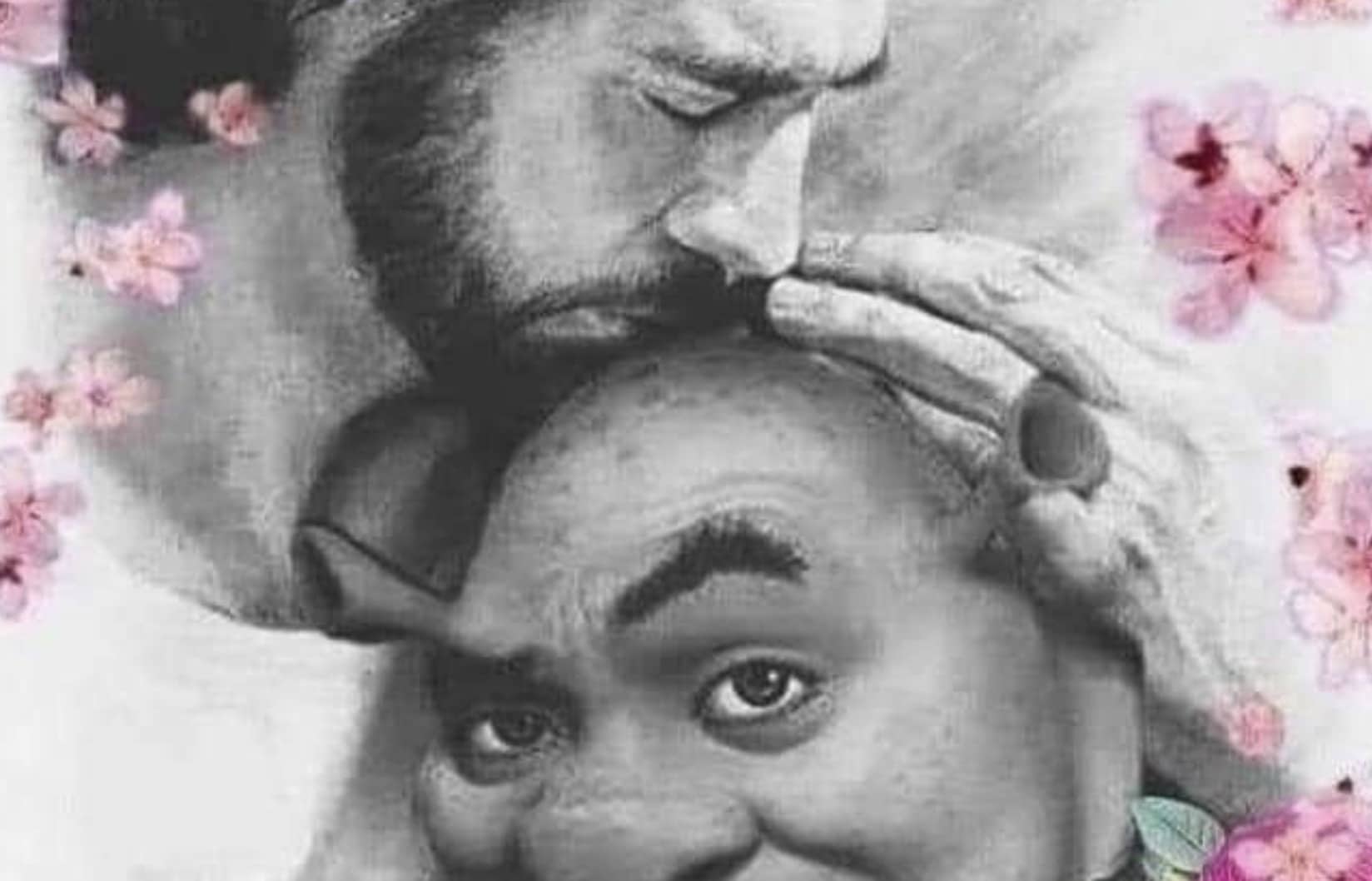 Hilarious Shrek meme pencil sketch of Jesus kissing Shrek on his bald head with flowers.