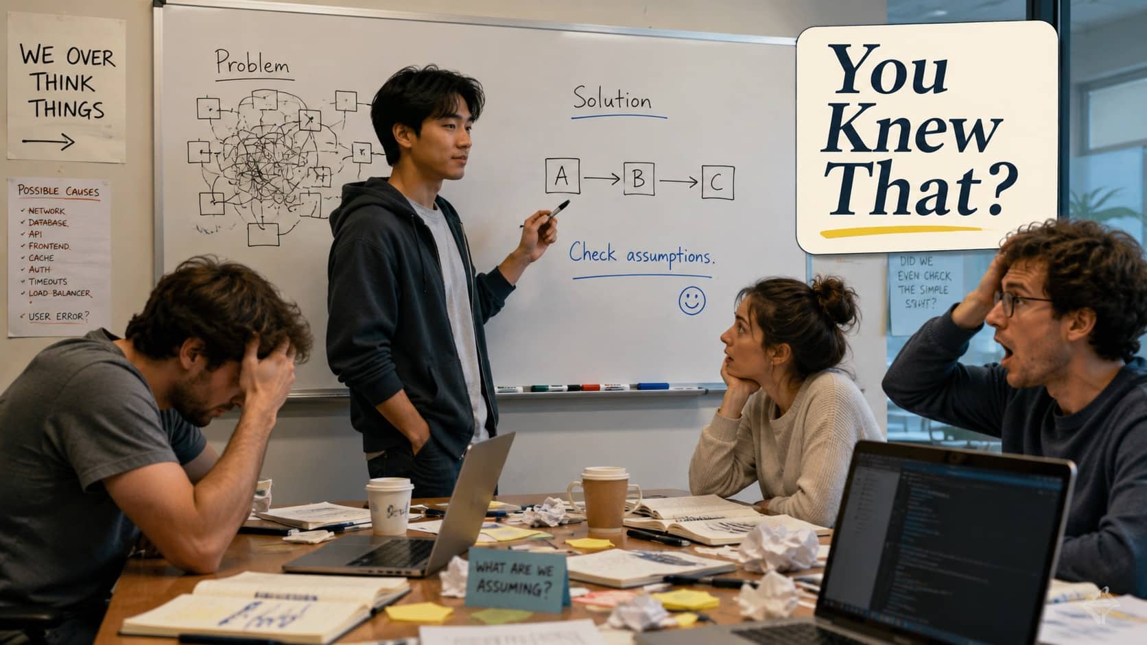 Man pointing at simple whiteboard solution while coworkers look confused under text You Knew That.