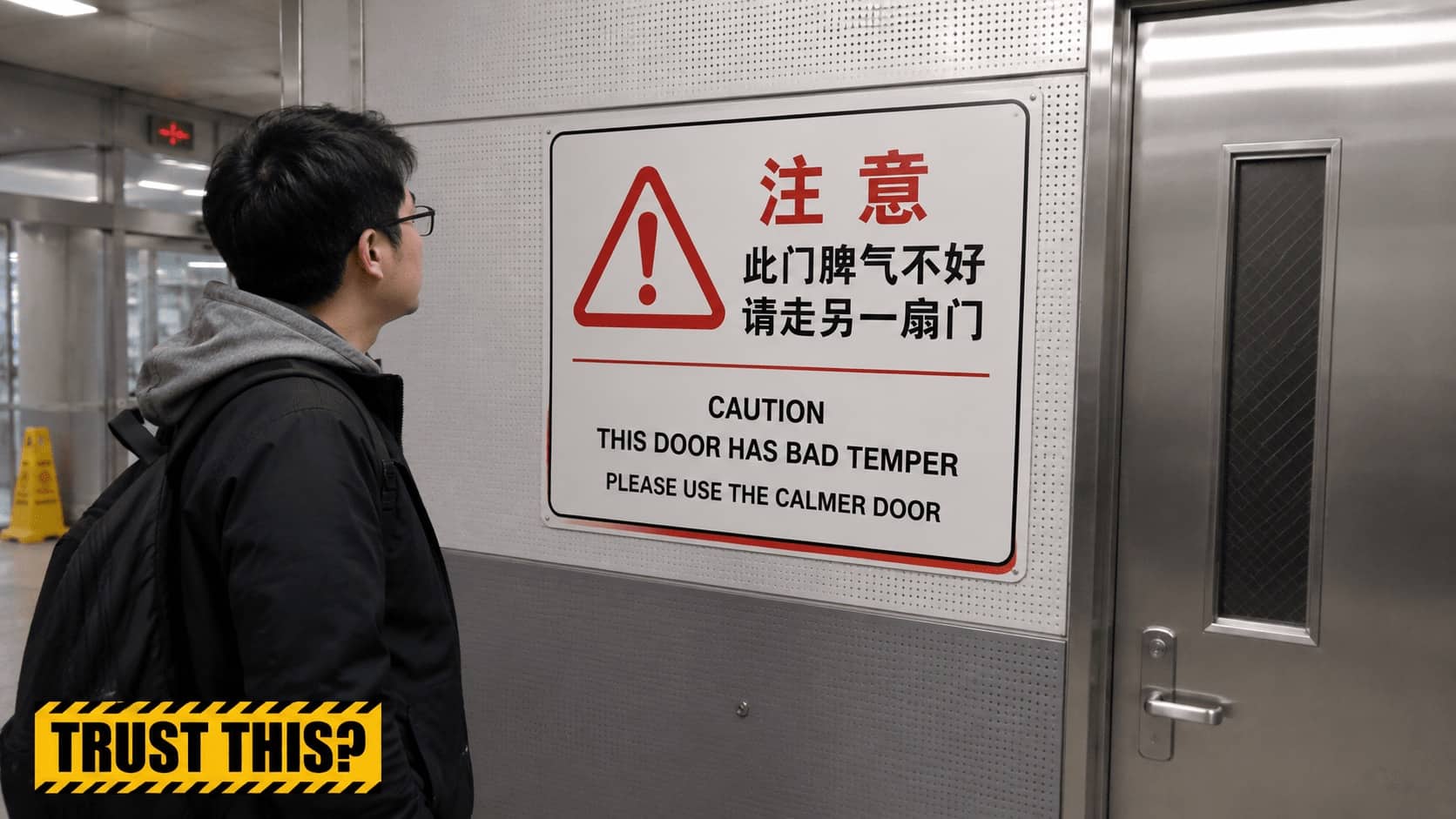 Man reading funny translation fail sign warning that the door has a bad temper.
