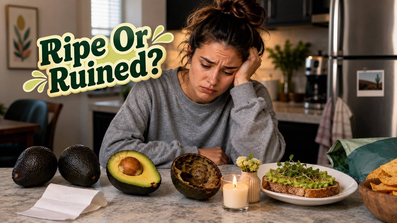 Frustrated woman looking at fresh and rotten avocados on a kitchen counter.