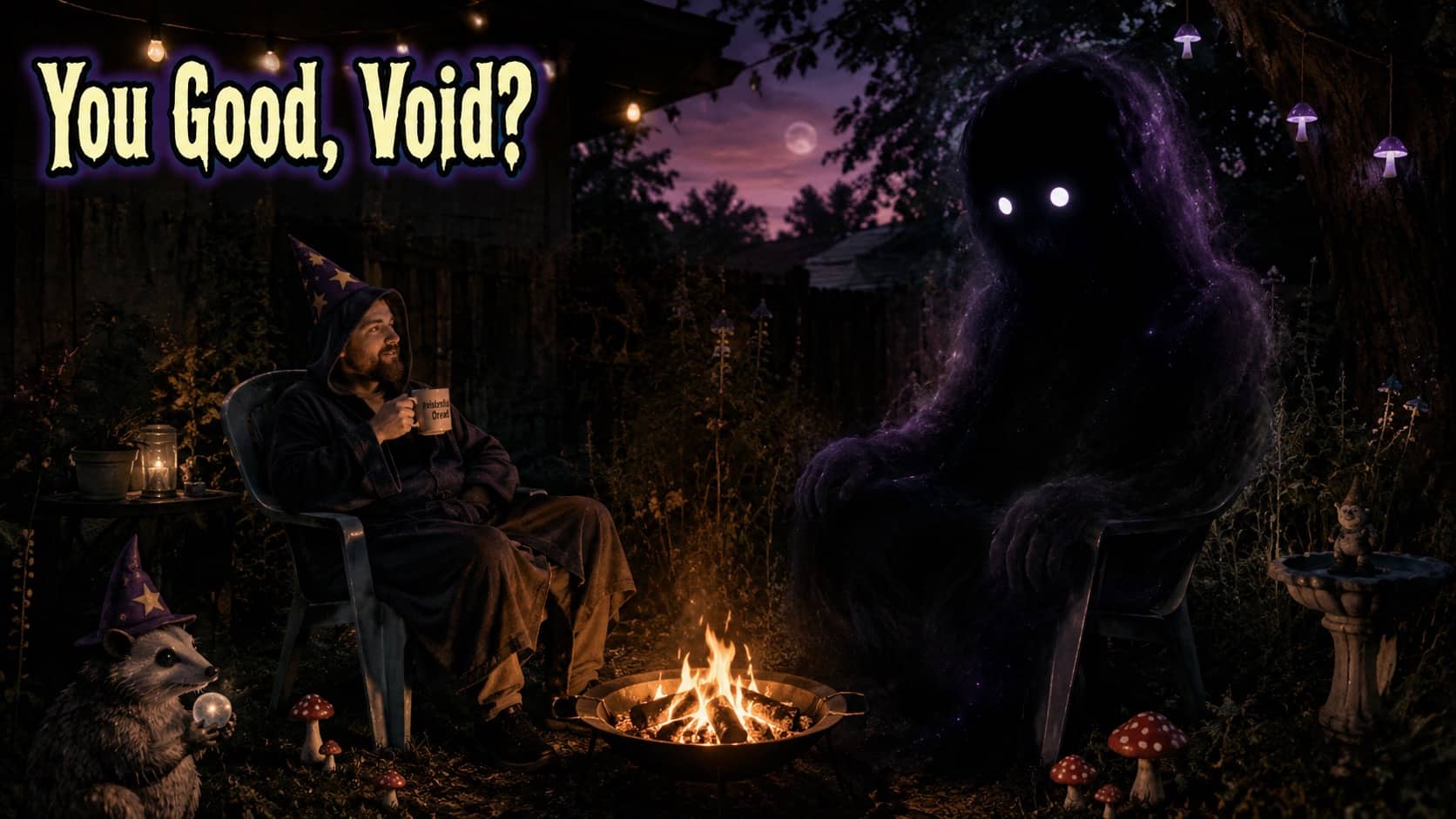 Wizard chats with a giant glowing void creature by a campfire in dumb dark memes.