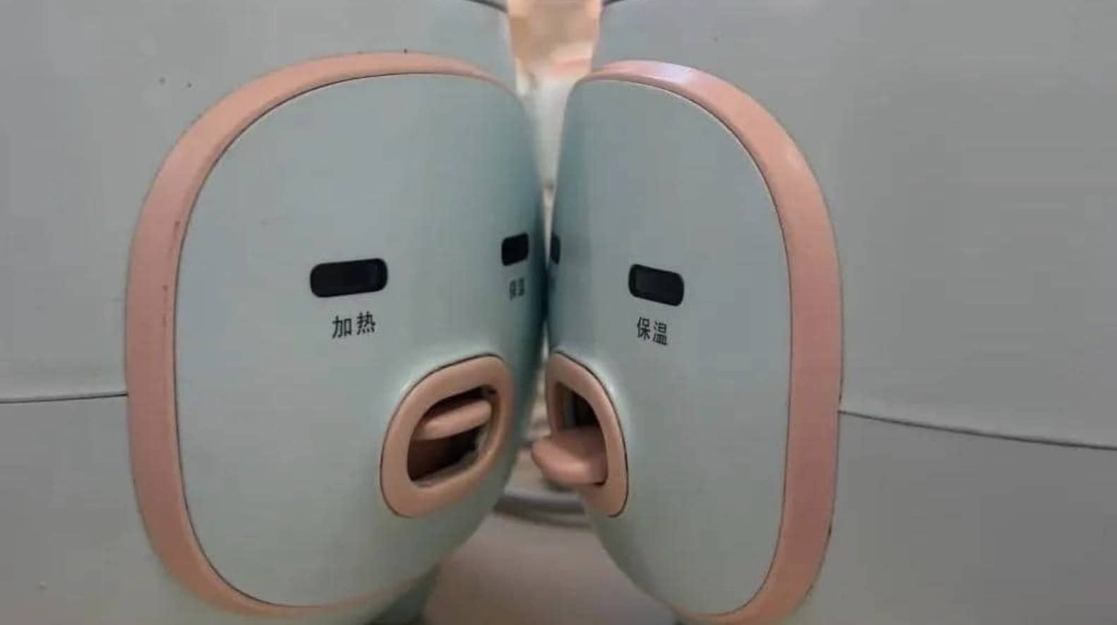 Two light blue rice cookers facing each other, resembling funny cartoon faces kissing with open mouths.