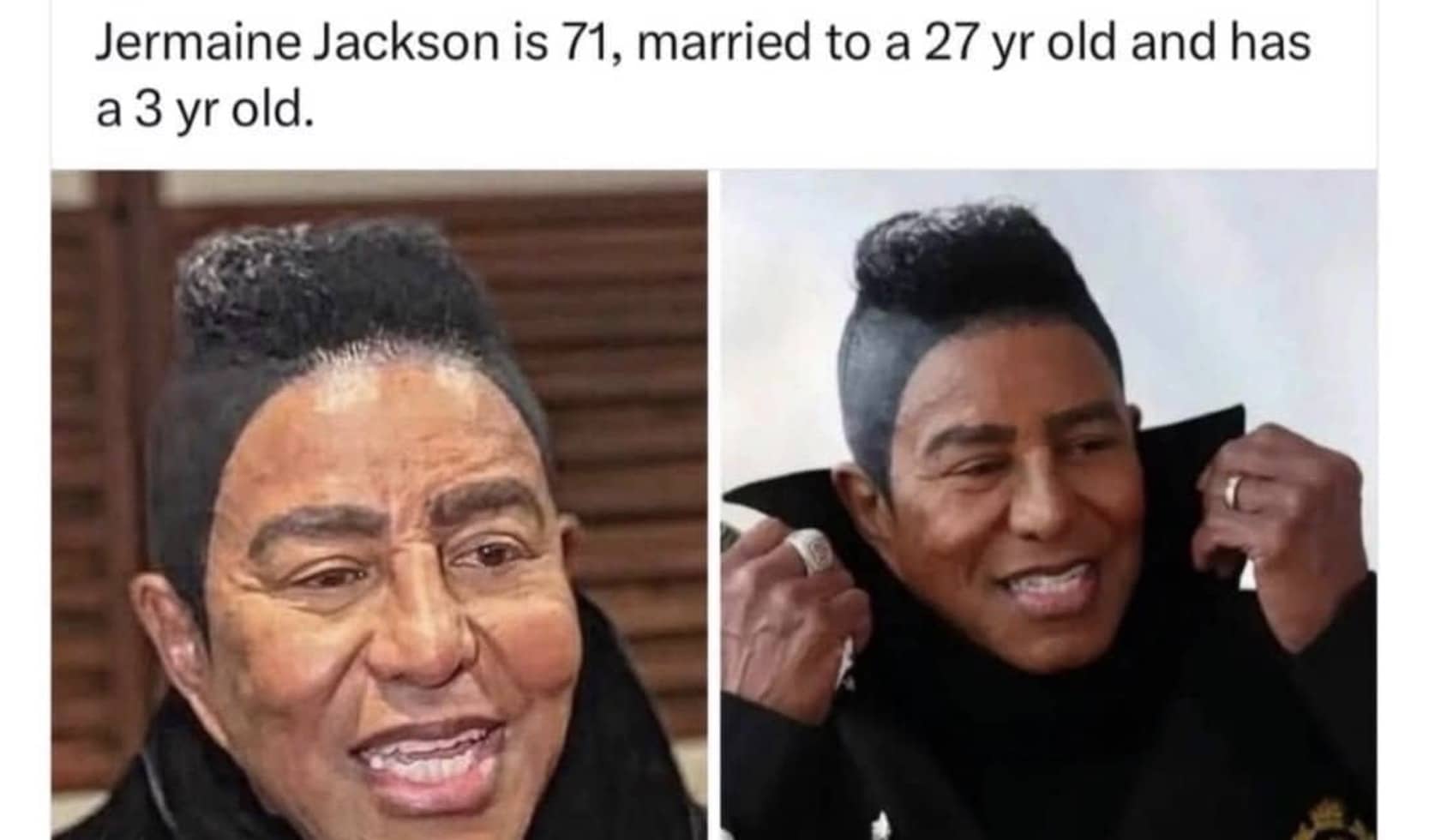 Jermaine Jackson smiling close-up images with text detailing his age, young wife, and toddler.