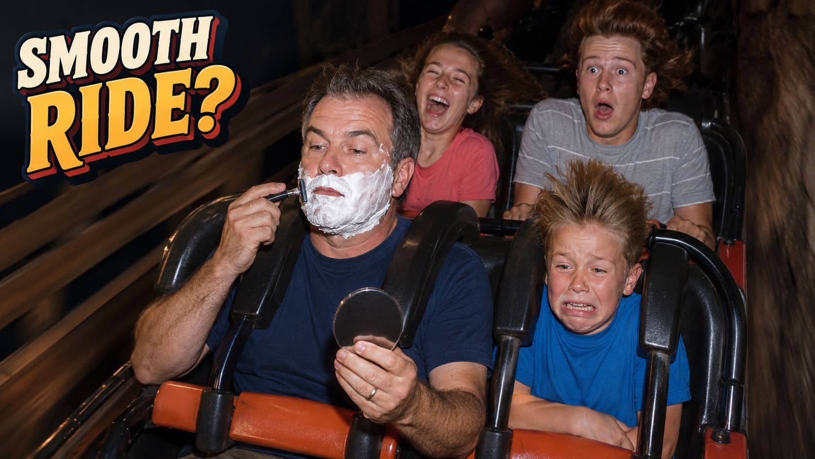 Man calmly shaving his face on a fast rollercoaster ride under text Smooth Ride.