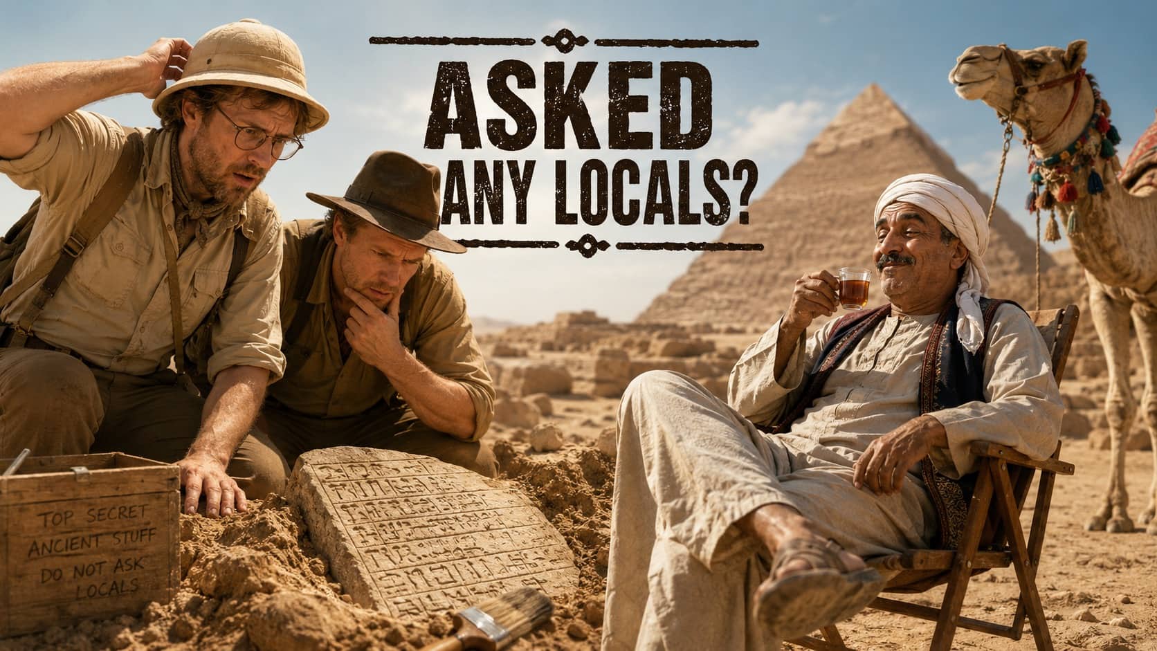 Funny history meme of confused archaeologists inspecting an ancient tablet next to a relaxed local.