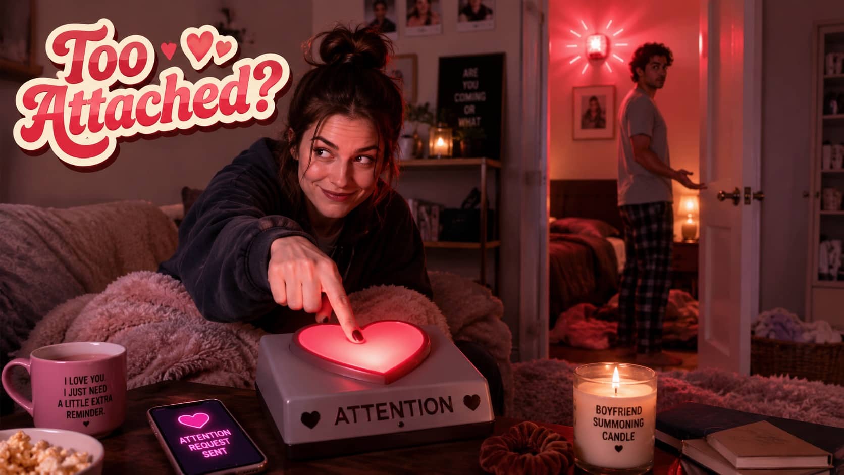 Smiling woman presses a glowing heart attention button while her boyfriend watches curiously.