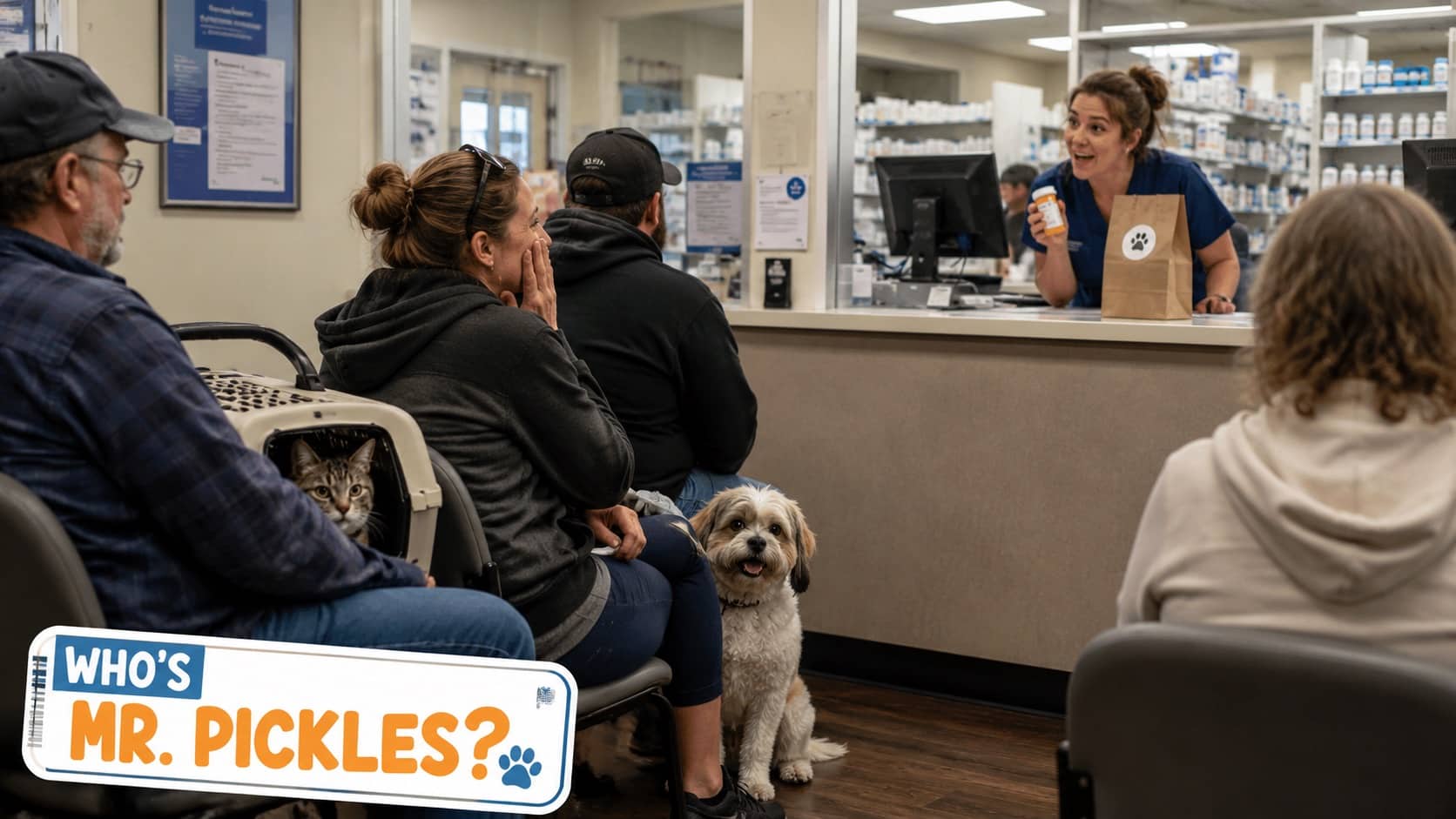 Ridiculous pet names veterinary clinic lobby waiting room scene featuring cute dog and cat carrier.