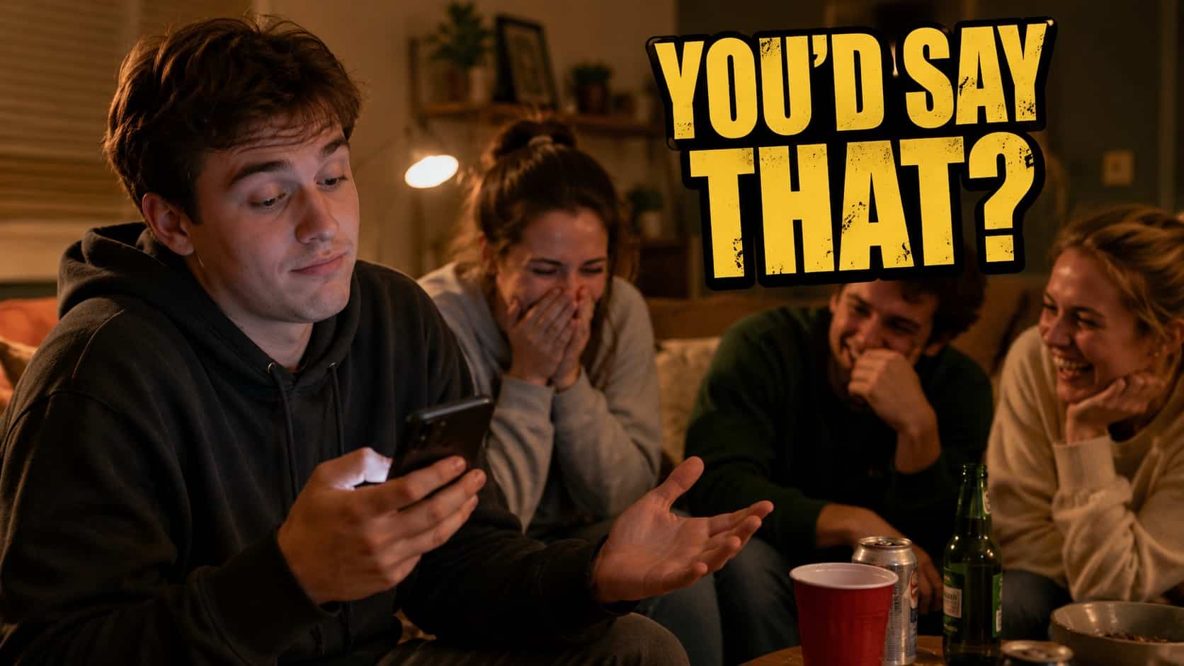 Man showing phone to laughing friends in living room setting, ideal for self burn memes.