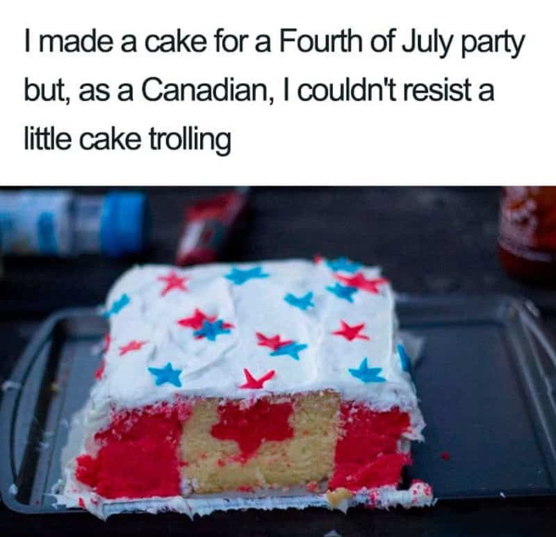 This brilliantly executed 4th of july meme features a festive white-frosted sheet cake decorated with tiny red and blue star sprinkles. The text layer overhead reads, "I made a cake for a Fourth of July party but, as a Canadian, I couldn't resist a little cake trolling," showing a cross-section slice that reveals the inner red cake core is shaped like a Canadian maple leaf instead of the expected American flag.