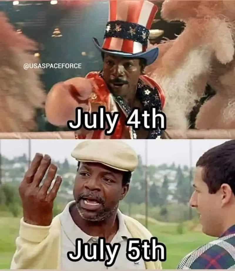 A dual-panel movie-mashup 4th of july meme uses two distinct roles played by actor Carl Weathers to illustrate the physical toll of holiday partying. The top panel, labeled "July 4th," features his glamorous Uncle Sam boxing entrance from Rocky IV, while the bottom panel, labeled "July 5th," switches to his battered, missing-hand character Chubbs Peterson from Happy Gilmore.