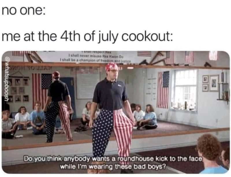 This nostalgic 4th of july meme leverages a cult-classic film still to mock aggressive backyard barbecue energy. Using the popular "no one / me at the cookout" format, the template features a screenshot of the martial arts instructor Rex from Napoleon Dynamite posing in his iconic American flag pants, asking: "Do you think anybody wants a roundhouse kick to the face while I'm wearing these bad boys?".