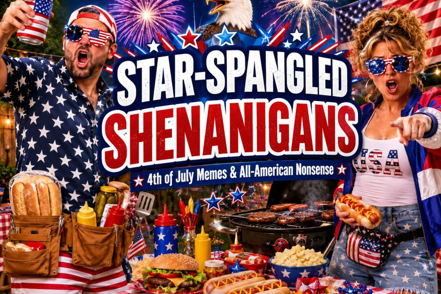 master gallery of 4th of july memes content curated for peak summer engagement leads with a patriotic, star-studded photo collage of actress Jennifer Coolidge declaring her deep cinematic craving for a holiday hot dog. The comprehensive visual index maps out iconic American summer rituals, contrasting a miserable office employee typing at a corporate desk while fully dressed as Captain America with an unhinged, multi-panel movie mashup of Carl Weathers tracking the physical deterioration from July 4th to July 5th.
