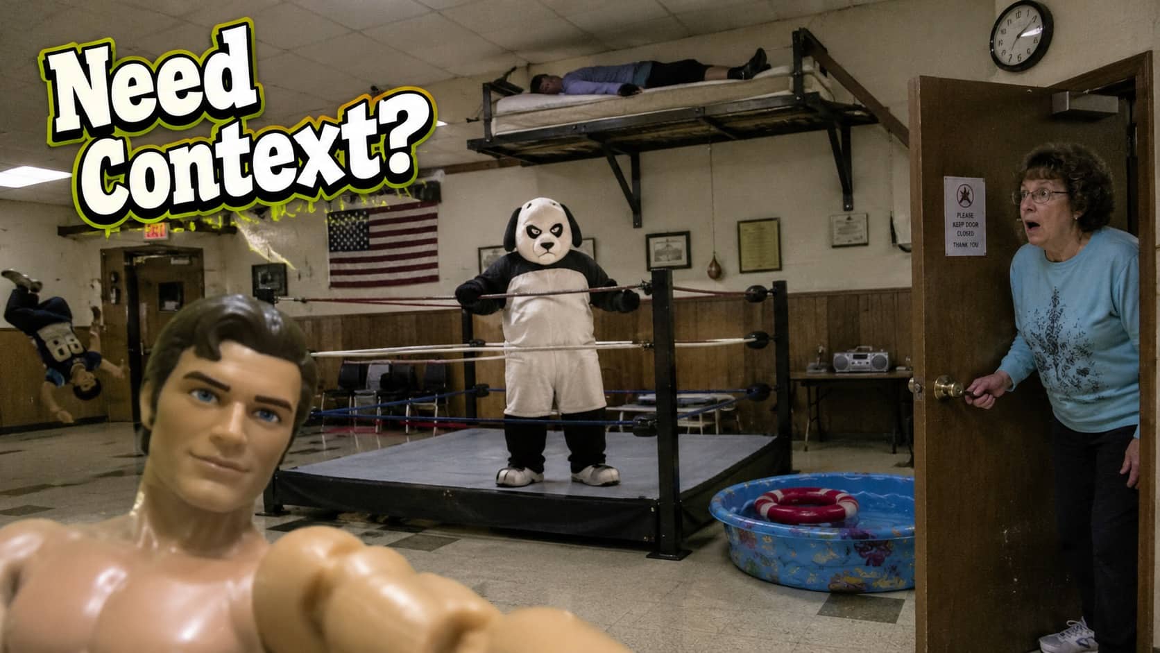Chaotic wrestling ring scene with a panda mascot, action figure, and shocked woman.