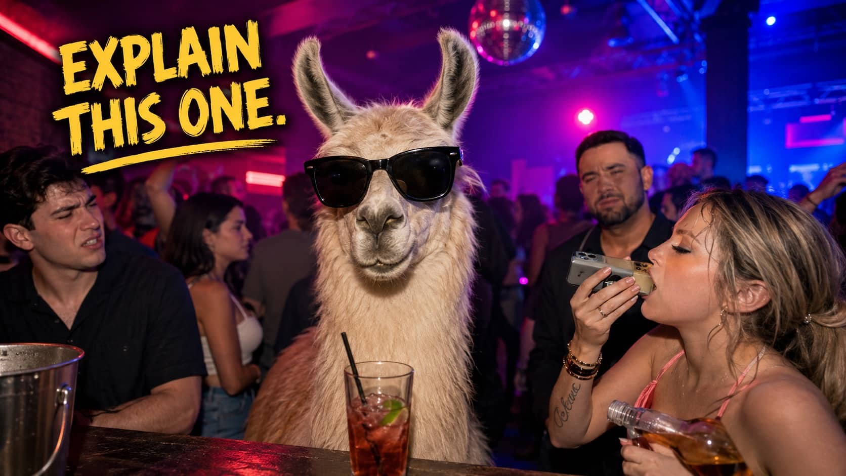 Funny nightclub scene featuring a cool llama in sunglasses standing at the bar.