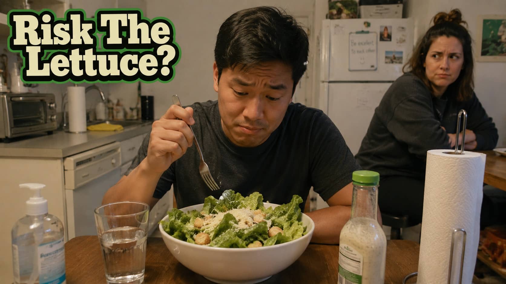 A man hesitantly stares at salad, capturing the anxiety of funny cyclosporiasis diarrhea lettuce memes.