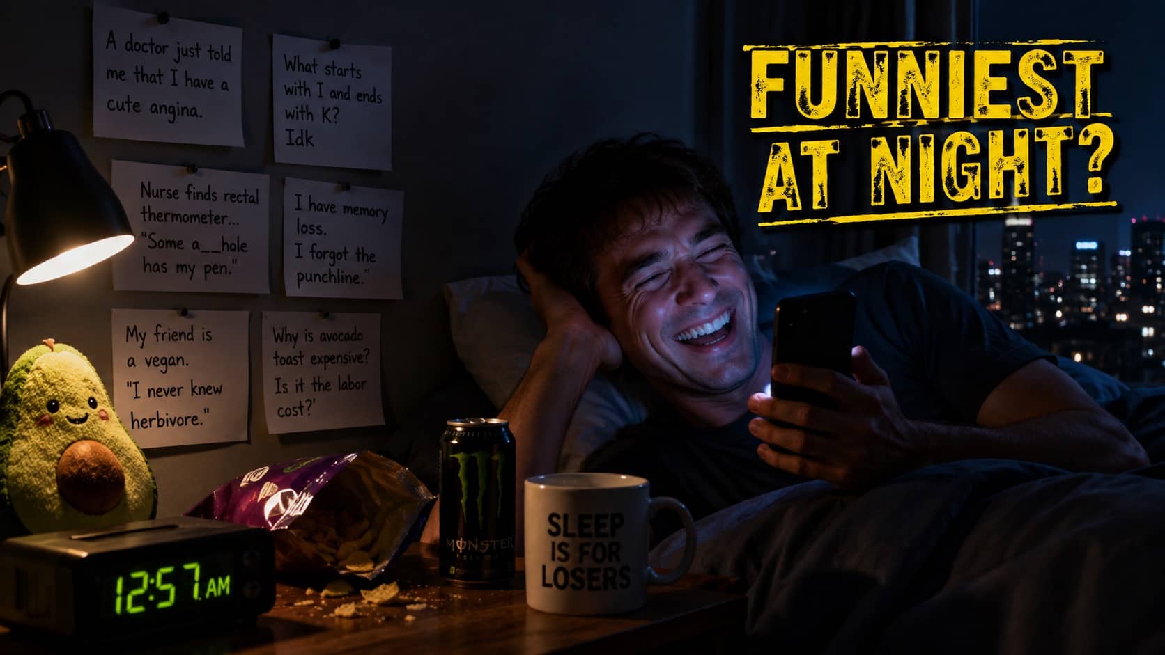 Man laughing in bed at his phone late at night next to joke notes.