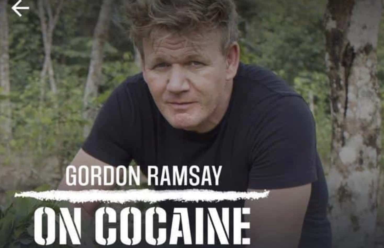 Chef Gordon Ramsay looking directly forward outdoors with funny memes on cocaine documentary text.