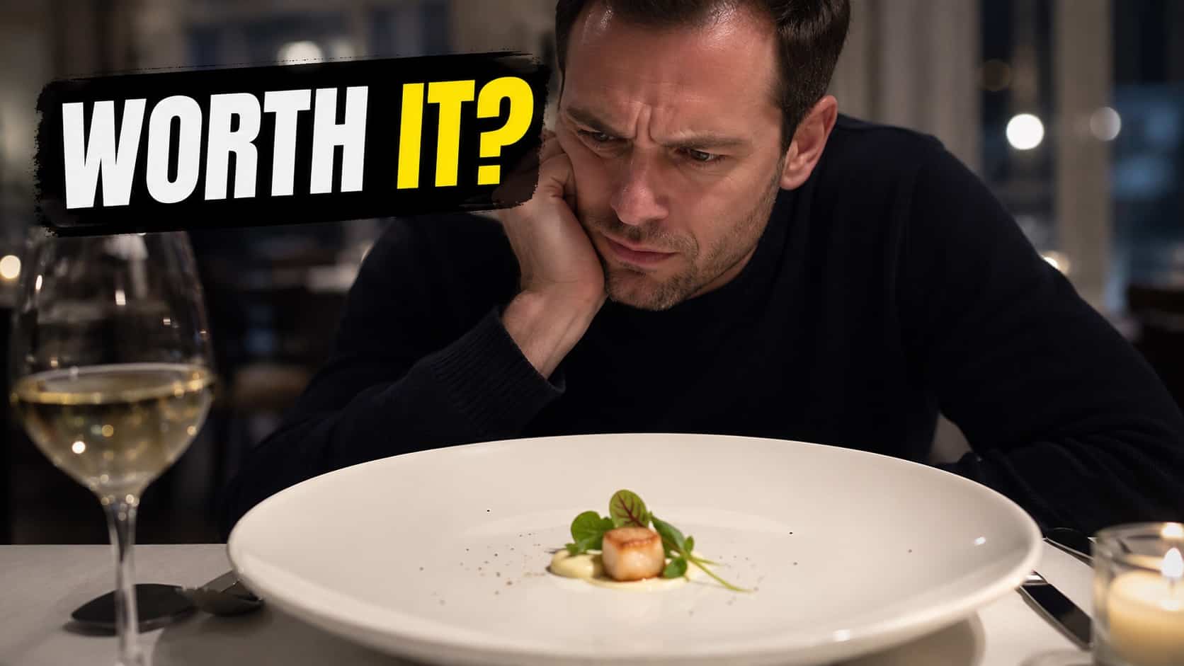 Skeptical man looking down at a tiny gourmet food portion on a massive plate.