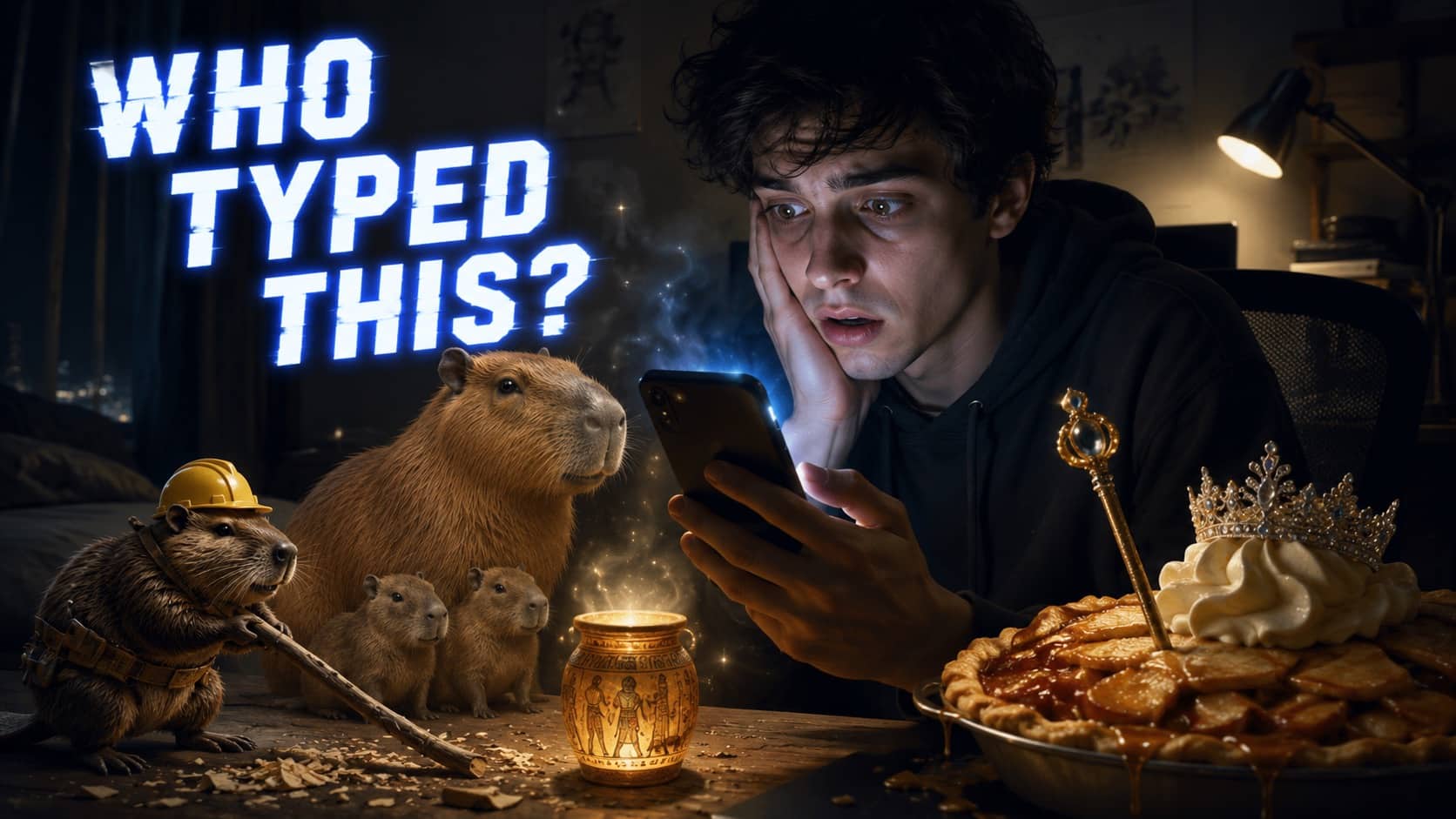 Bizarre internet meme featuring a shocked teenager looking at his phone surrounded by capybaras.