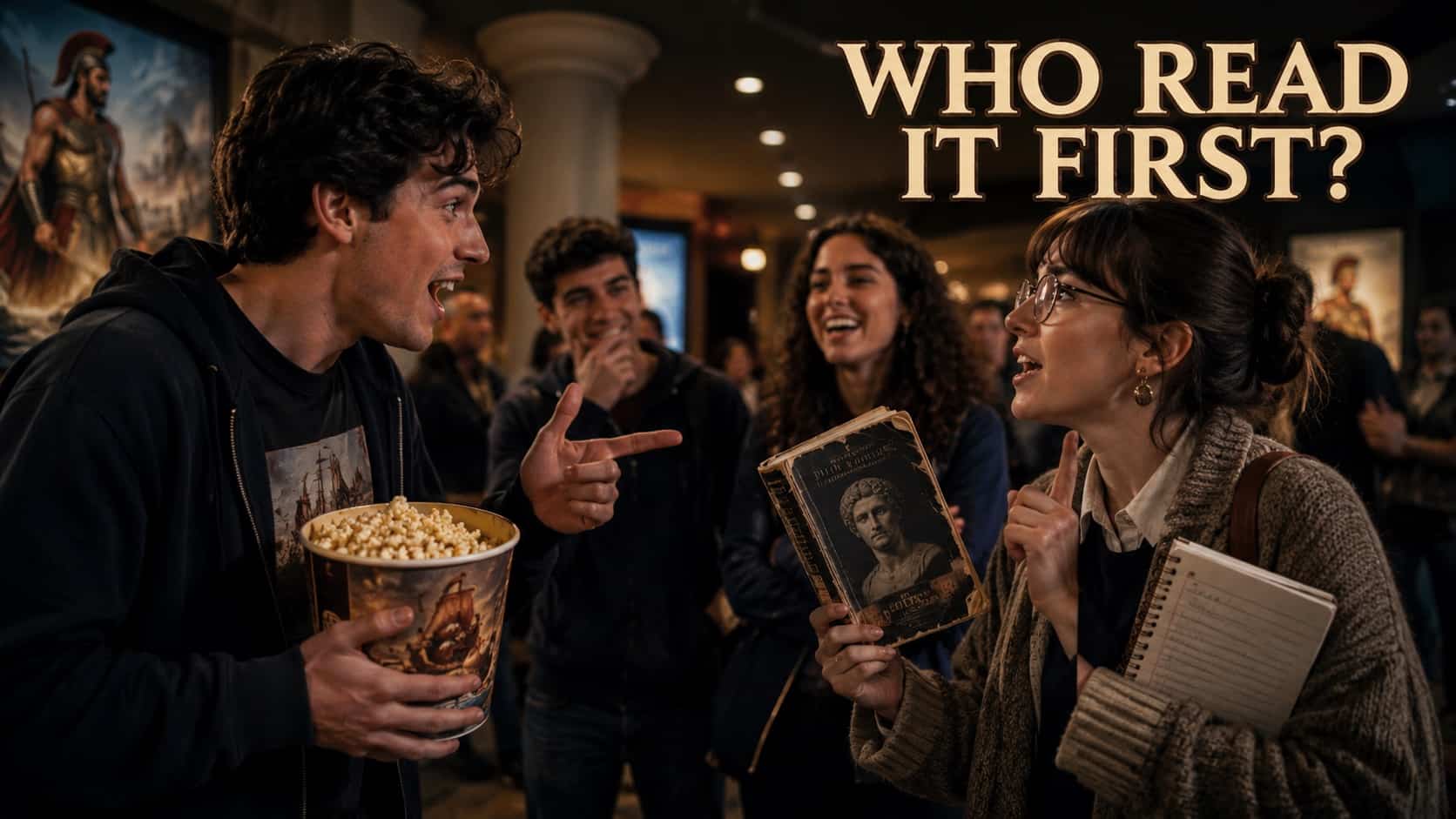 Group of enthusiastic friends talking about book outside theater, featured in odyssey reaction memes.