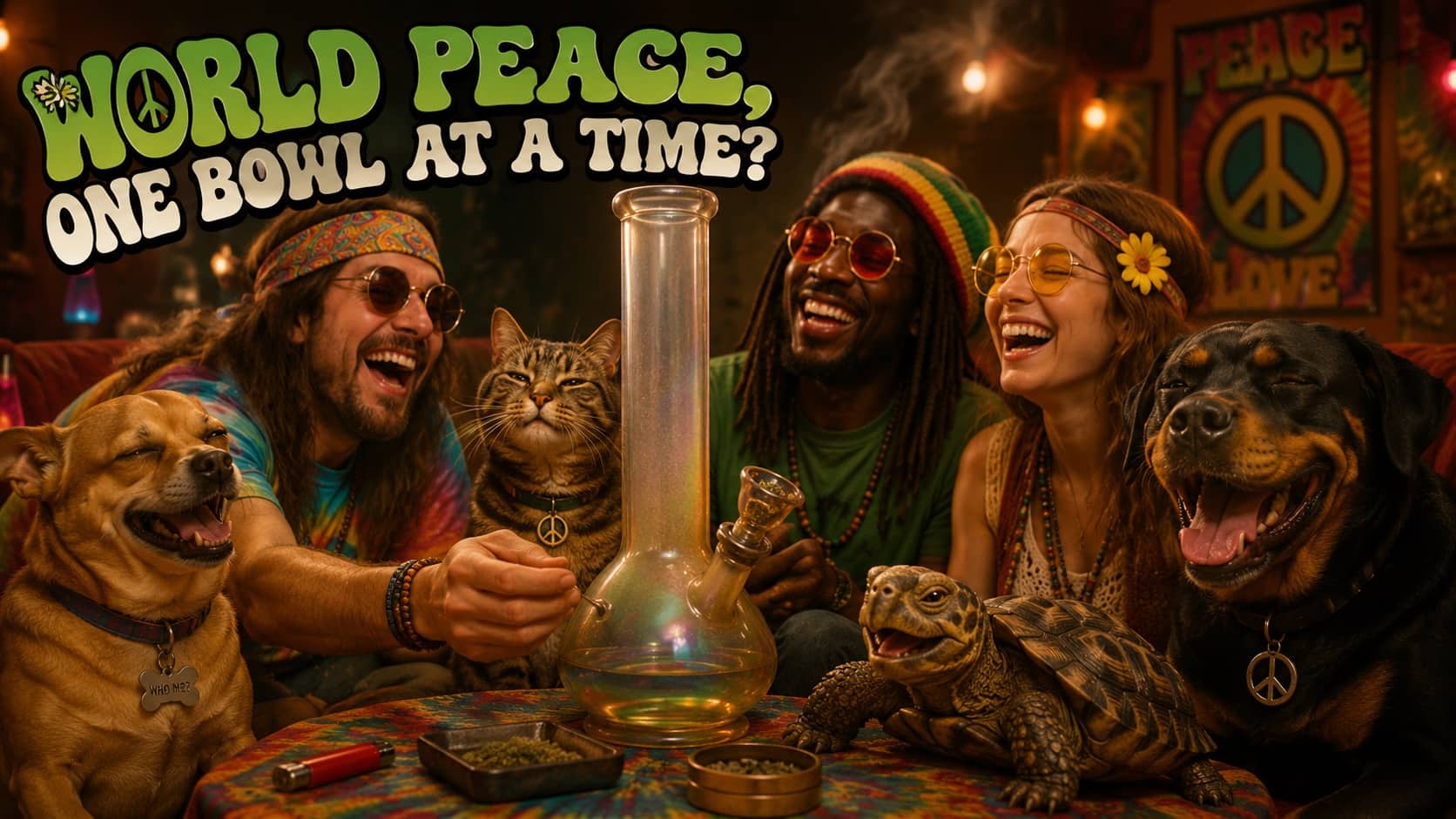 Group of friends and pets smiling around a large glass water pipe under text World Peace.