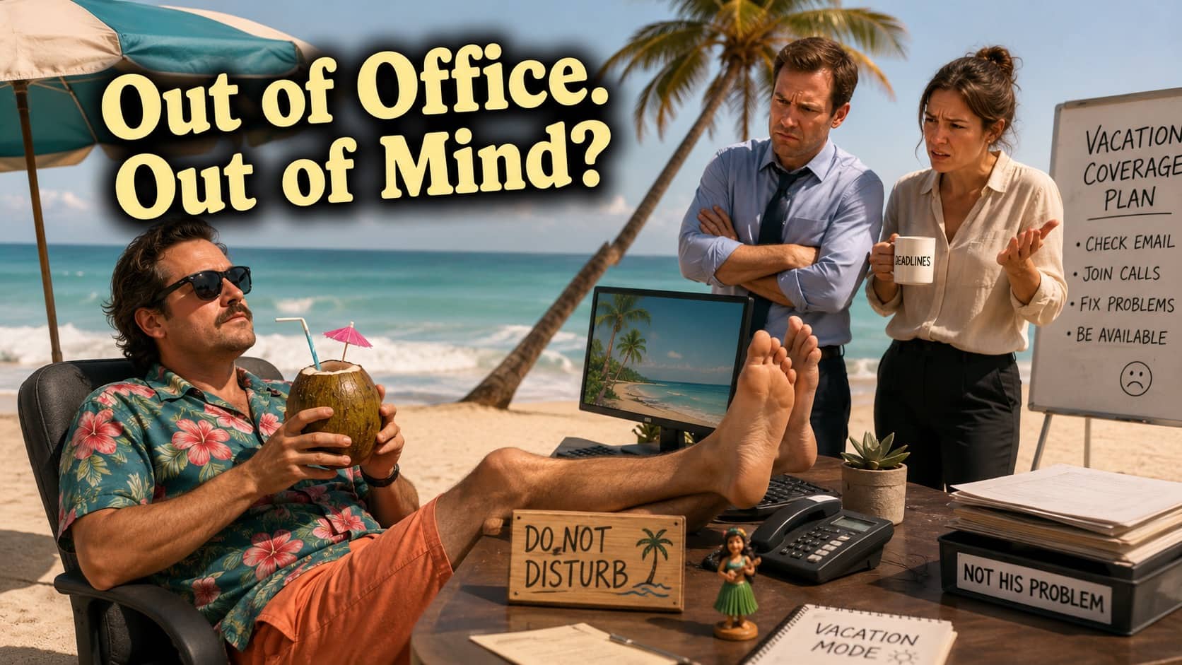 Man relaxing at beach desk while coworkers look stressed with out of office text.