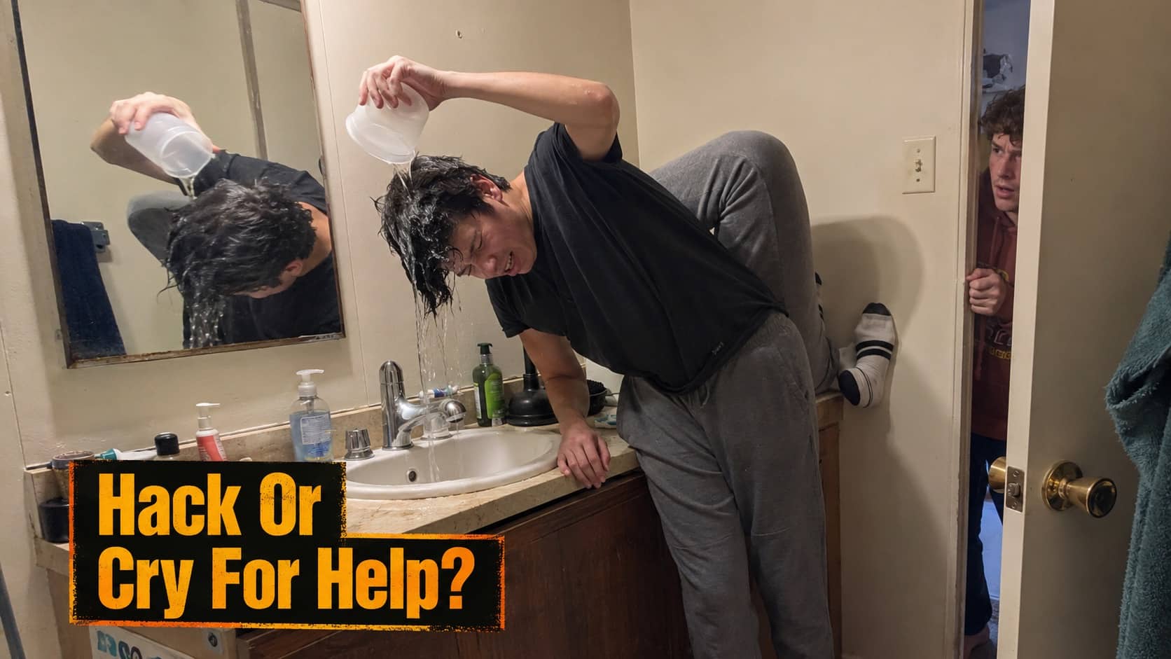 Awful bad life hack of a man washing hair in a small bathroom sink basin.