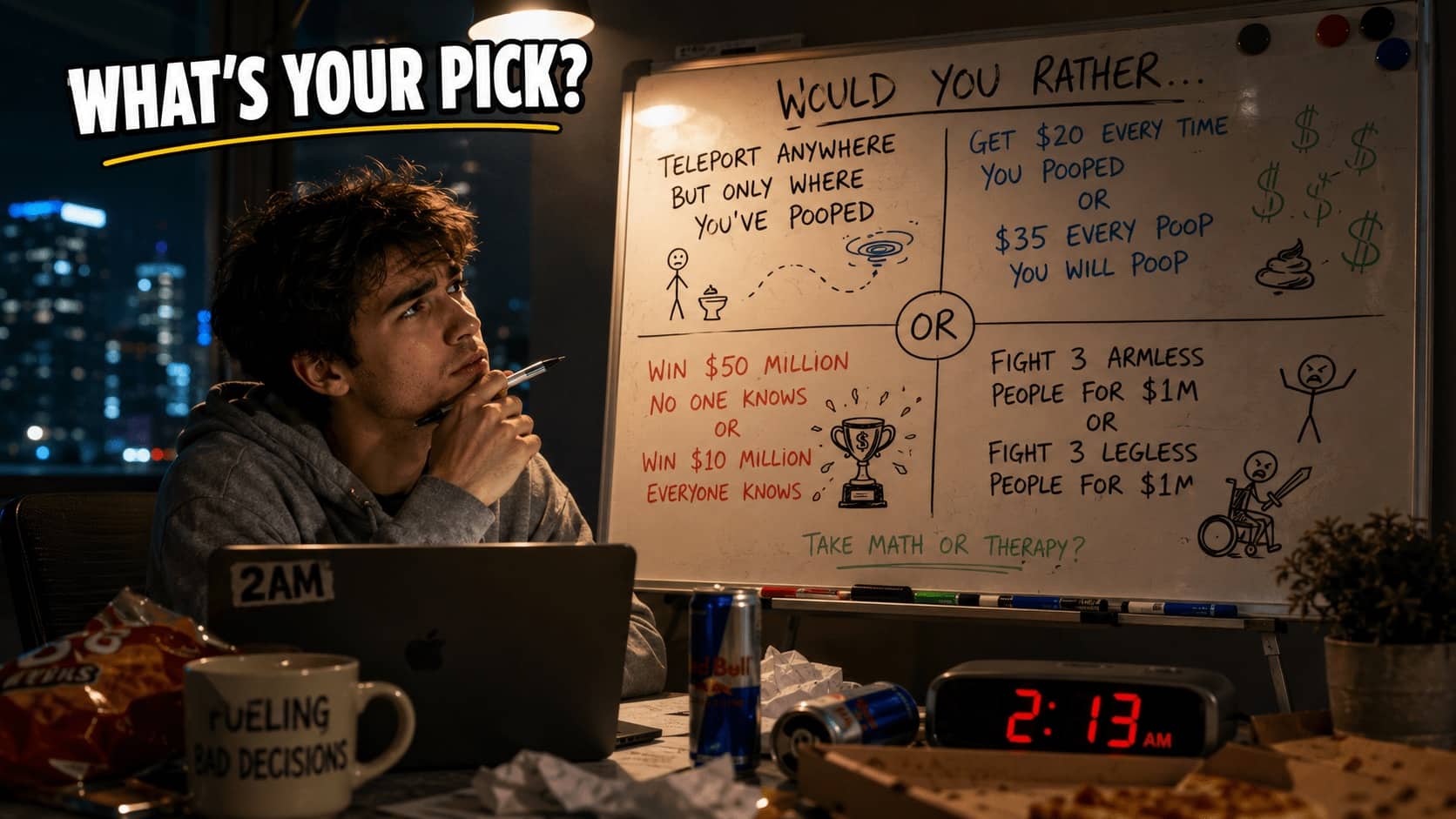 Young man contemplates absurd choices on a whiteboard featuring the best would you rather questions.