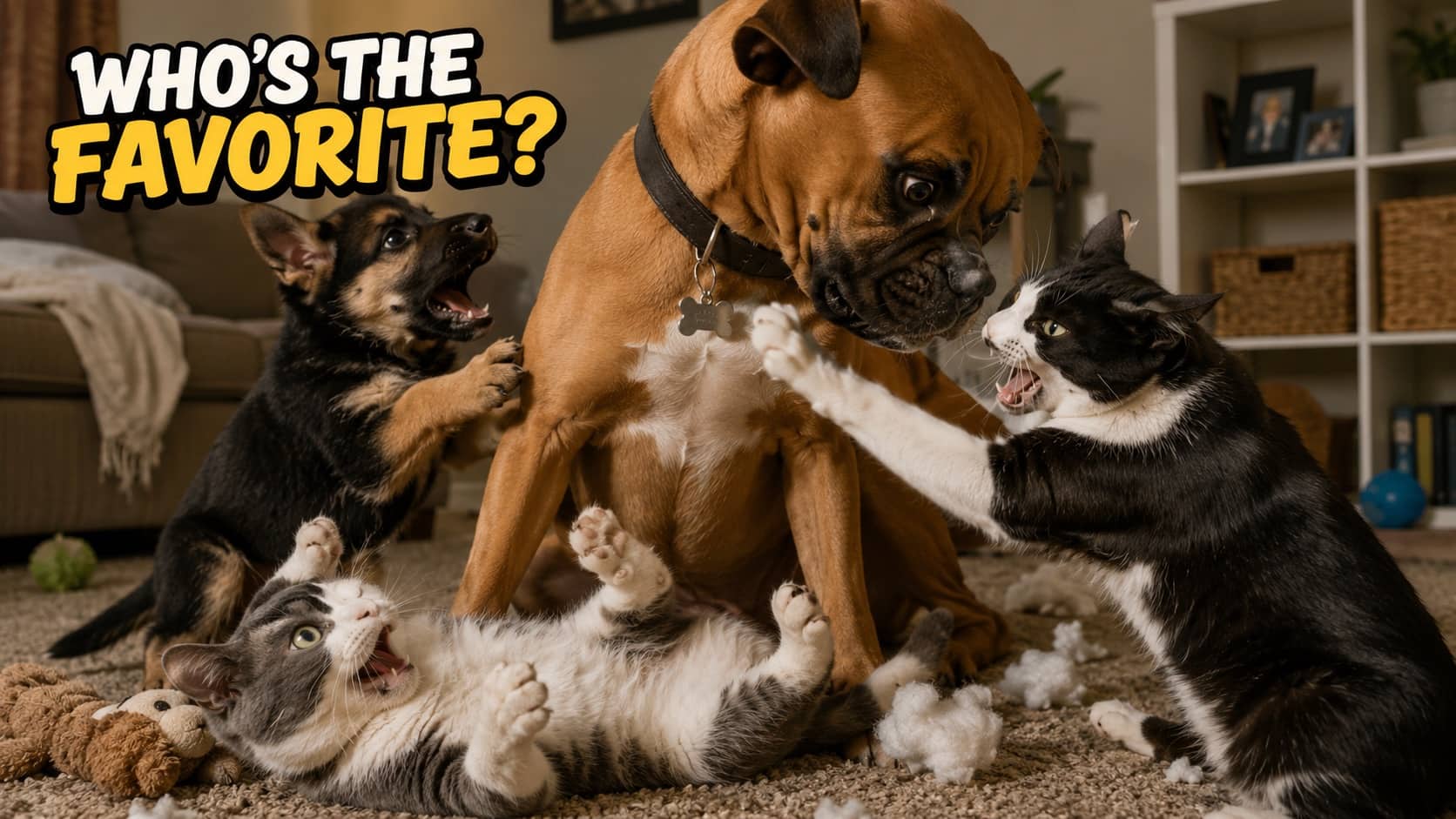 Chaotic scene of fighting dogs and cats with text overlay asking who is the favorite.