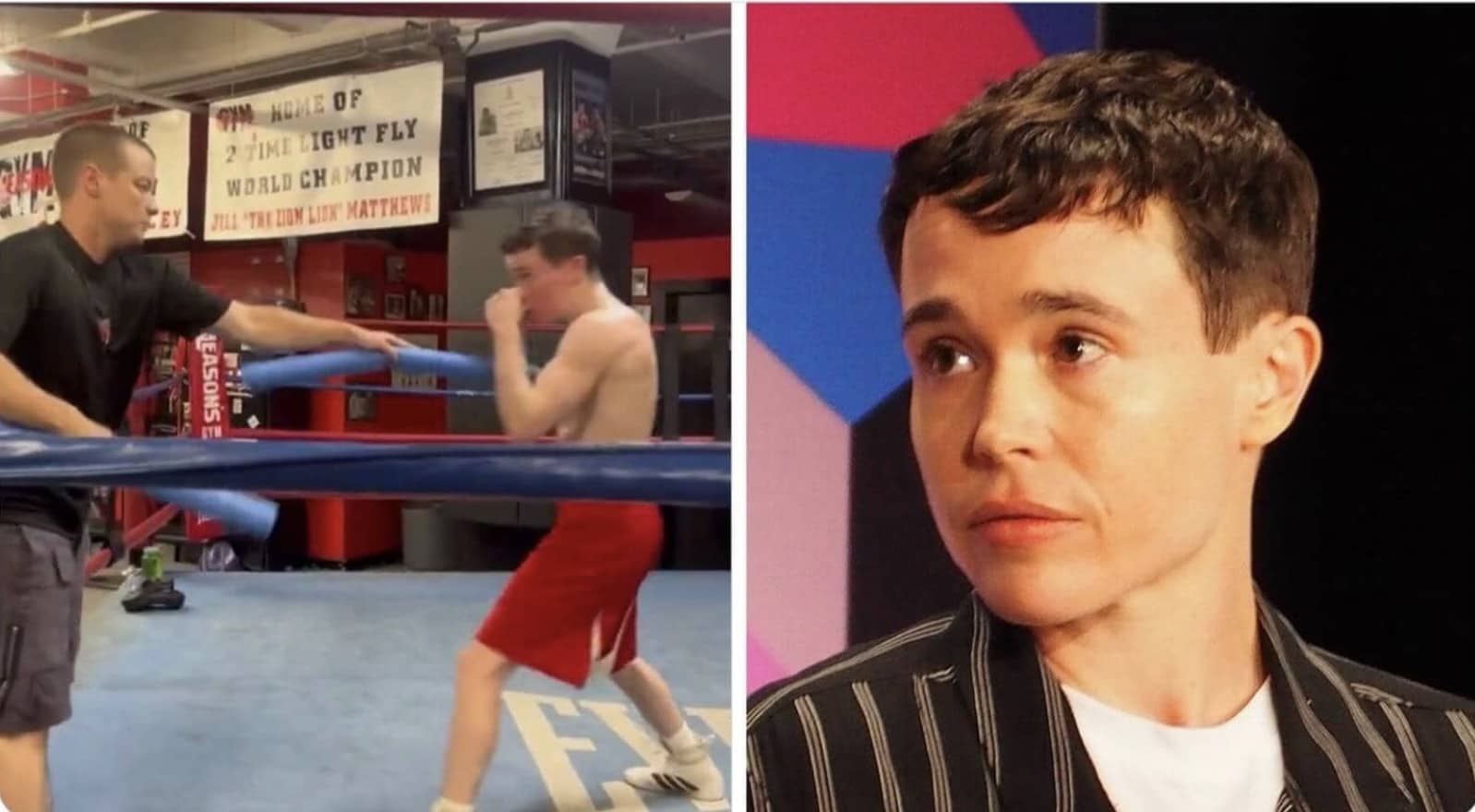 Split image showing a boxer training in a ring next to actor Elliot Page looking sideways.