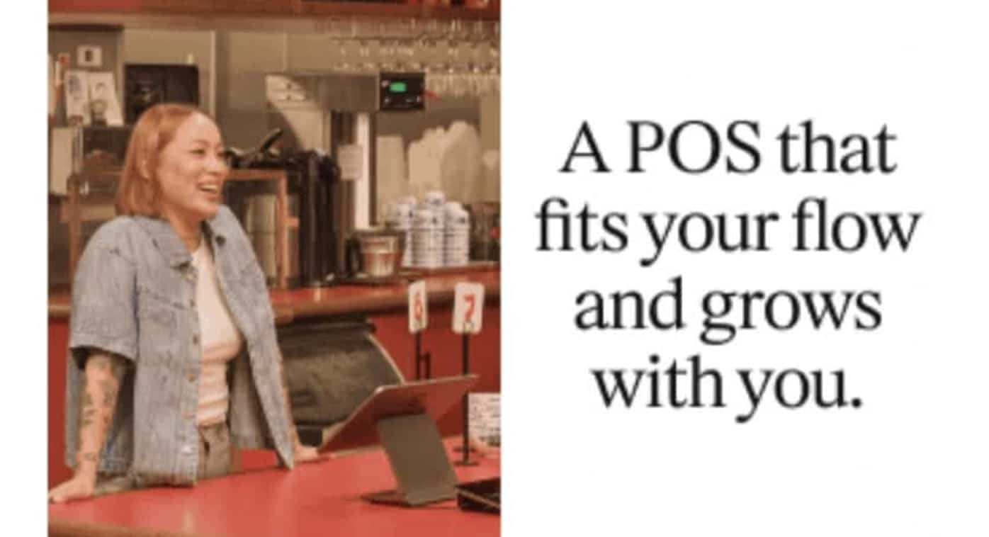 Smiling woman behind register next to text reading a POS that fits your flow.