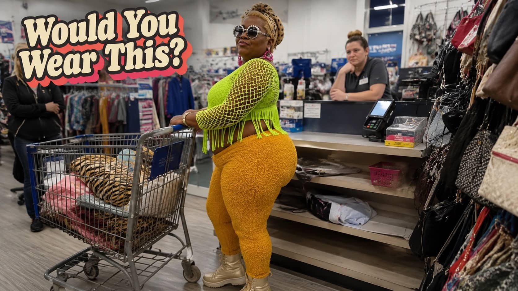 A shopper wearing bright neon green mesh and fuzzy orange pants highlights hilariously funny outfits.