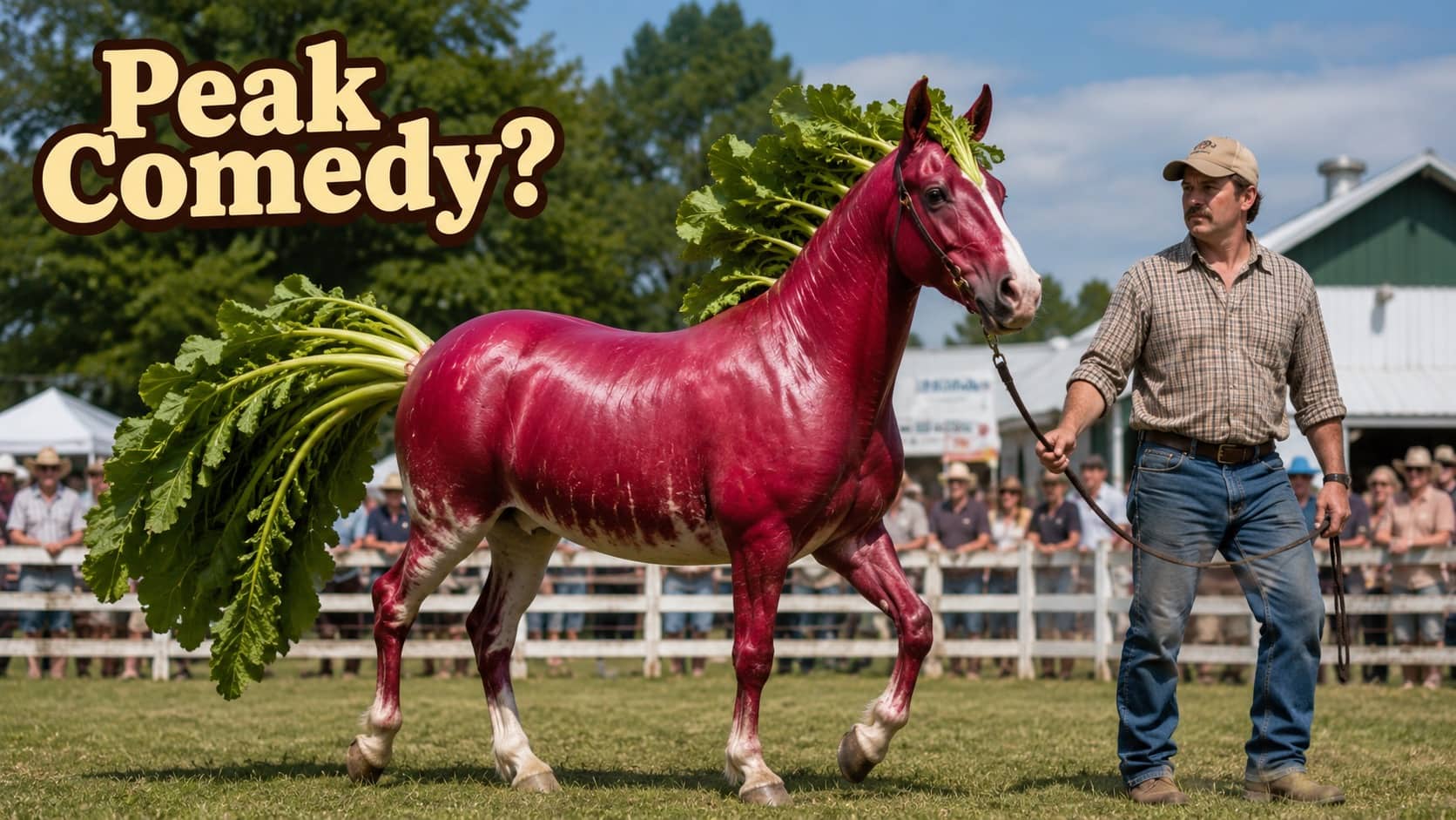 Farmer leading a horse physically styled to look like a giant red radish vegetable.