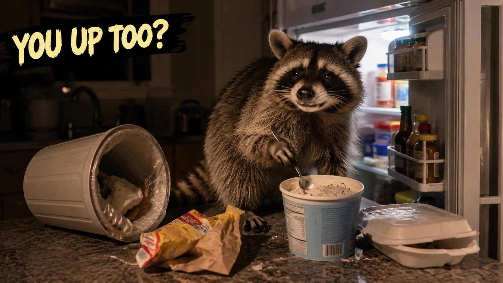 Raccoon caught eating ice cream with a spoon on a kitchen counter at night.
