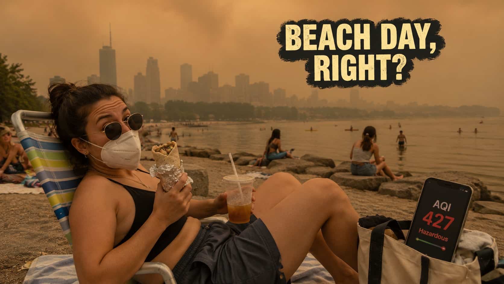 Woman wearing mask on smoky beach with high AQI phone app, showcasing wildfire smoke memes.