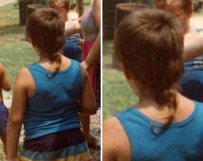 Side-by-side back view of a child wearing a blue tank top sporting a thin rat tail.