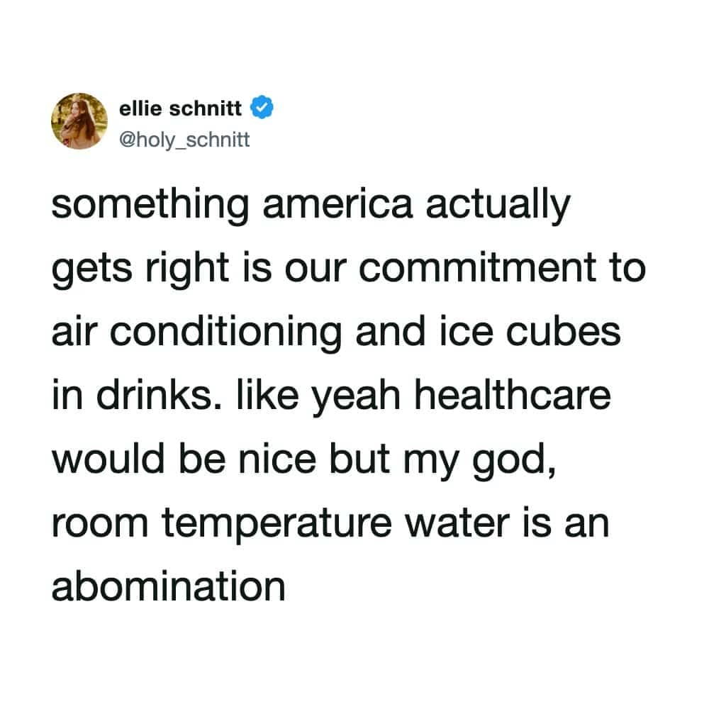 A text post by ellie schnitt praising America's commitment to air conditioning and ice cubes over healthcare.