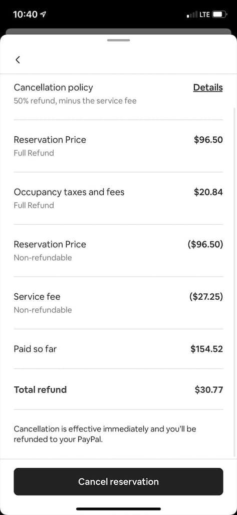 A mobile screenshot airbnb meme provides undeniable receipt proof of the platform's hyper-restrictive fee structures. The itemized invoice breakdown outlines an initial transaction of $154.52 containing completely non-refundable base prices and service fees, culminating in an absolute disaster of a refund total valued at just $30.77.