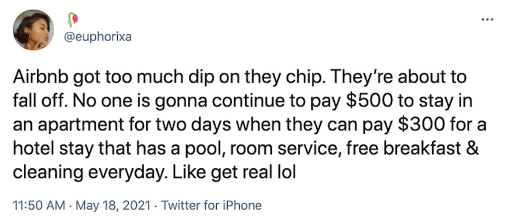 A text-driven airbnb meme showcases a popular financial critique from user @euphorixa. The high-contrast tweet layers read: "Airbnb got too much dip on they chip. They’re about to fall off. No one is gonna continue to pay $500 to stay in an apartment for two days when they can pay $300 for a hotel stay that has a pool, room service, free breakfast & cleaning everyday. Like get real lol".