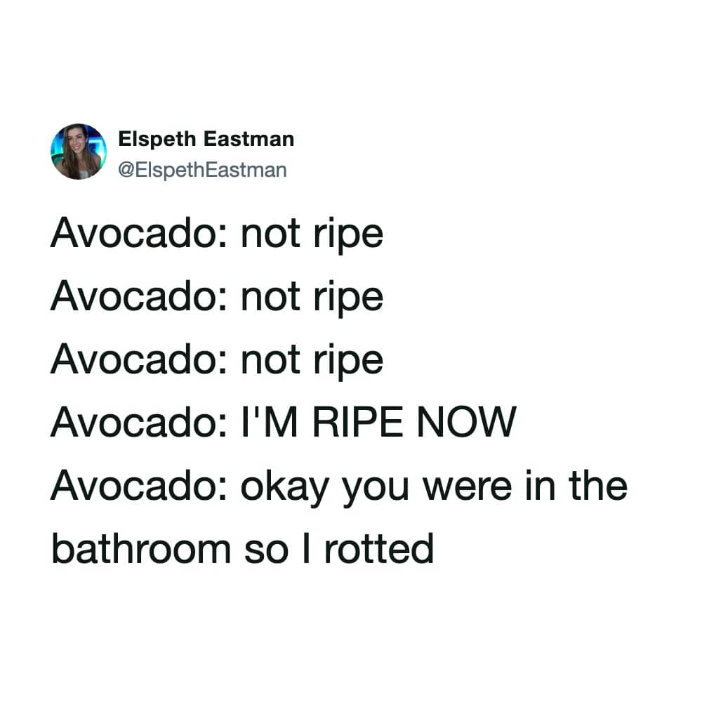A text tweet by Elspeth Eastman describing the frustratingly rapid rotting process of a ripe avocado.