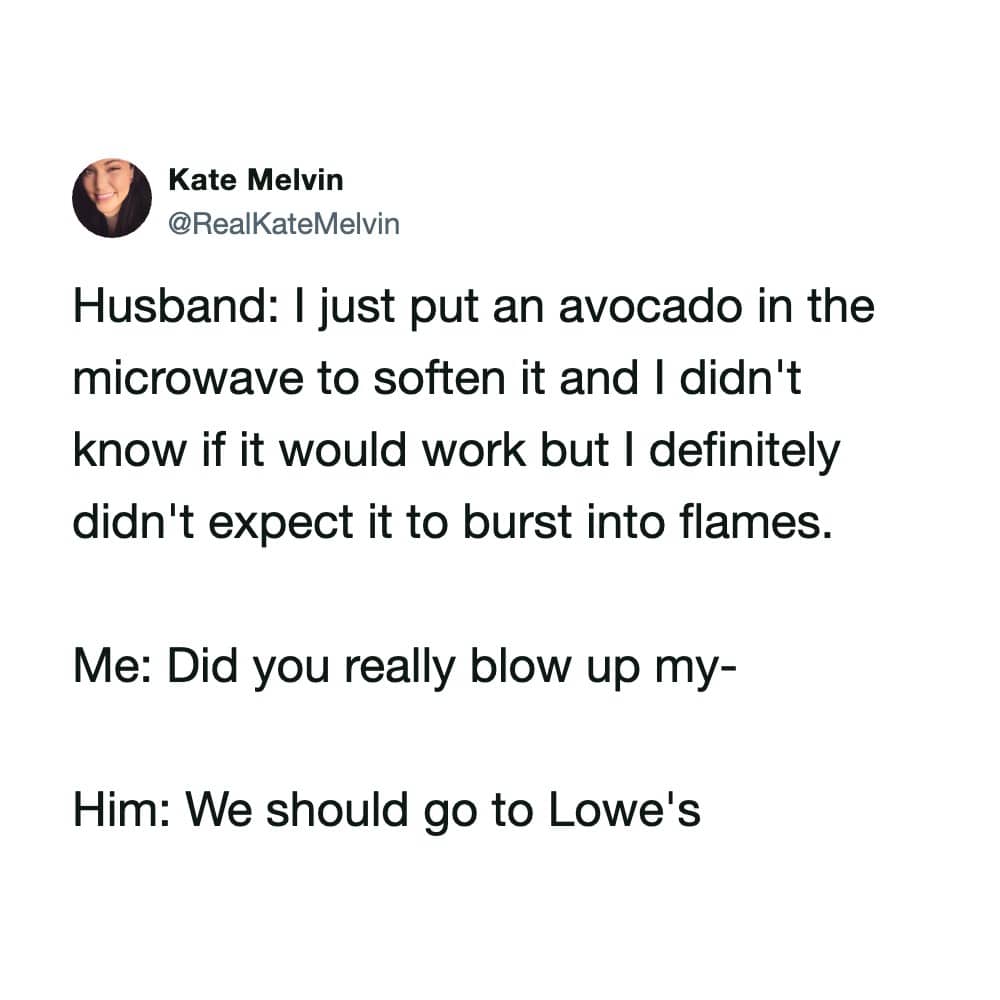 Screenshot of a hilarious text story about a husband microwaving an avocado and causing an explosion.