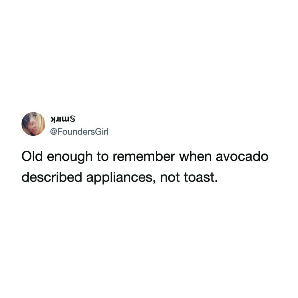 Social media post reminiscing about when the word avocado referred to retro kitchen appliance colors.